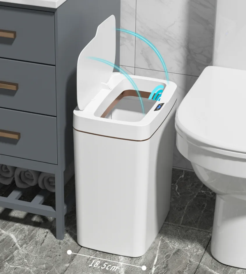 HTMCK White Touchless 15L Smart Sensor Trash Can – Electronic Bathroom Garbage Bin with Automatic Bagging, Sma
