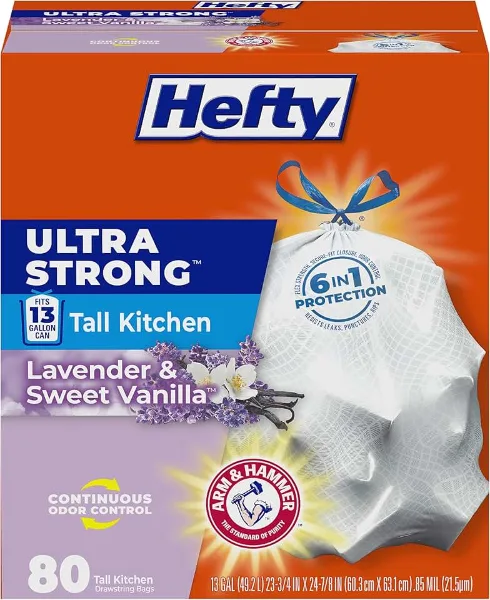 Hefty Ultra Strong 13 Gal Kitchen Trash Bags, White, Lavender Vanilla, 80ct | 13G Tall White Trash Bags with D