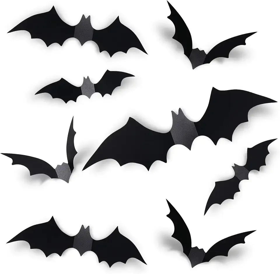 Coogam 60PCS Halloween Bats Decoration, 4 Different Sizes Realistic PVC Black 3D Scary Bat Sticker for Home De