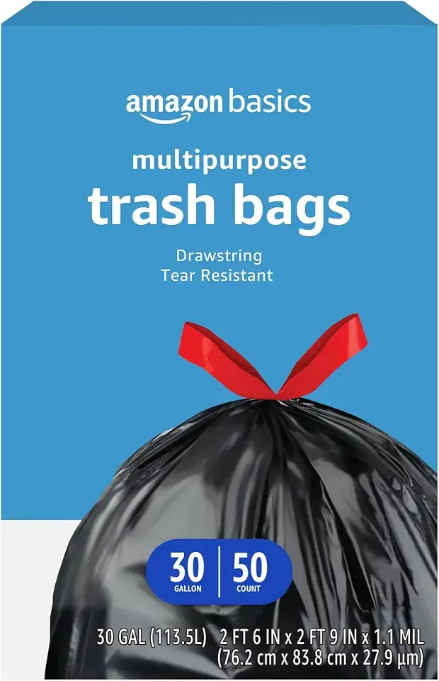 Amazon Basics Multipurpose Drawstring Trash Bags, 30 Gallon Capacity, Tear Resistant, 50 Count (Previously Sol
