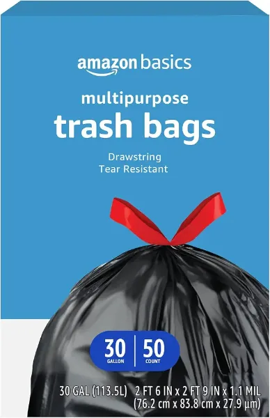 Amazon Basics Multipurpose Drawstring Trash Bags, 30 Gallon Capacity, Tear Resistant, 50 Count (Previously Sol
