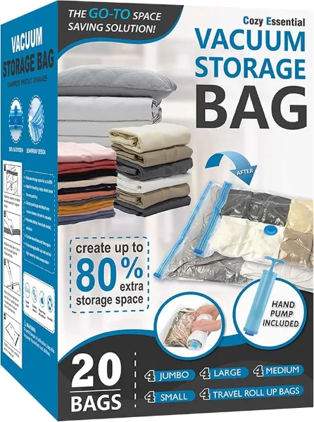 Vacuum Storage Bags with Hand Pump, Vacuum Seal Space Saver Bags,20 Combo | 80% Space-Saving Bags for Clothing