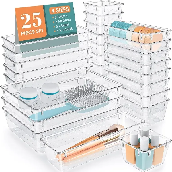 25 PCS Clear Plastic Drawer Organizer, Makeup Organizers and Storage Bins Global Recycled Standard