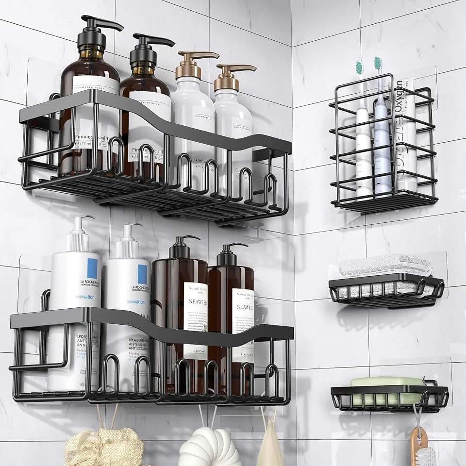 EUDELE Adhesive Shower Caddy, 5 Pack Rustproof Stainless Steel Bath Organizers With Large Capacity, No Drillin
