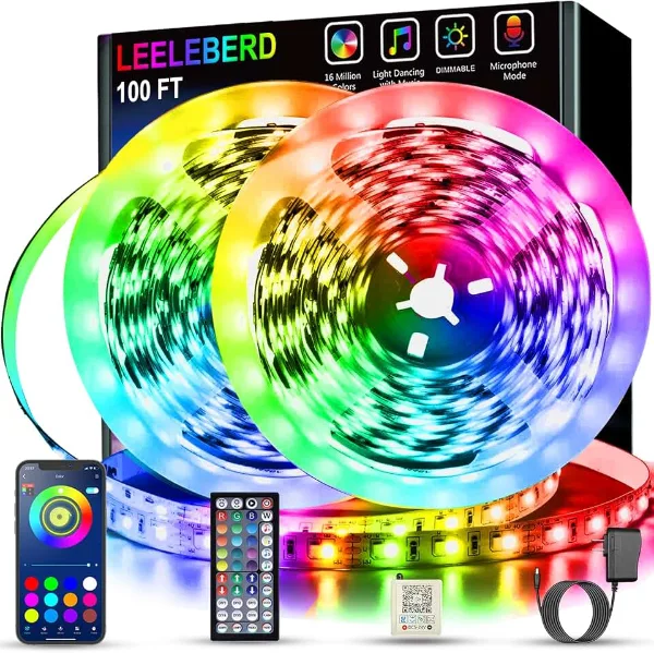 Leeleberd Led Lights for Bedroom 100 ft (2 Rolls of 50ft) Music Sync Color Changing RGB Led Strip Lights with 