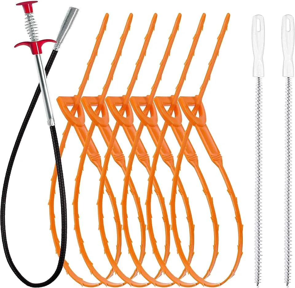 35.5inch Drain Clog Remover(1pcs), 25inch Drain Snake Hair Remover(6pcs) ＆ Cleaning Brush(2pcs), Hair Catcher