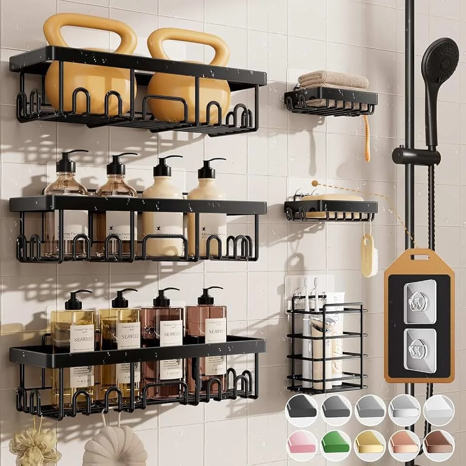 Veken Shower Caddy 6-Pack, Bathroom Organizers and Storage Shelves, Black | Advanced Rustproof Design, Large C