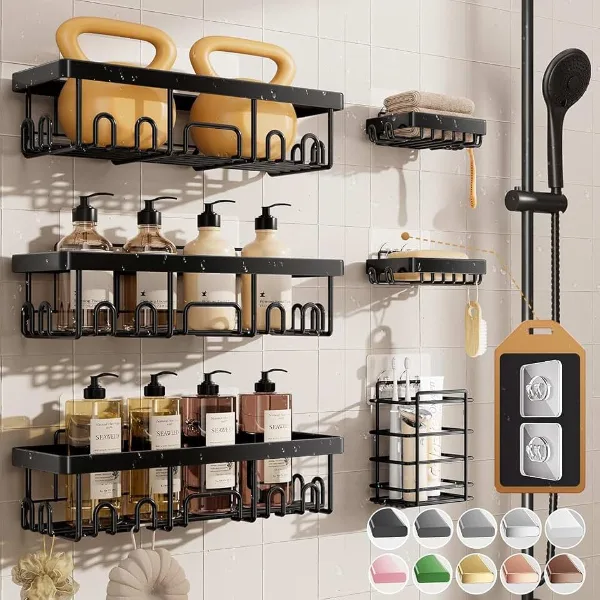 Veken Shower Caddy 6-Pack, Bathroom Organizers and Storage Shelves, Black | Advanced Rustproof Design, Large C